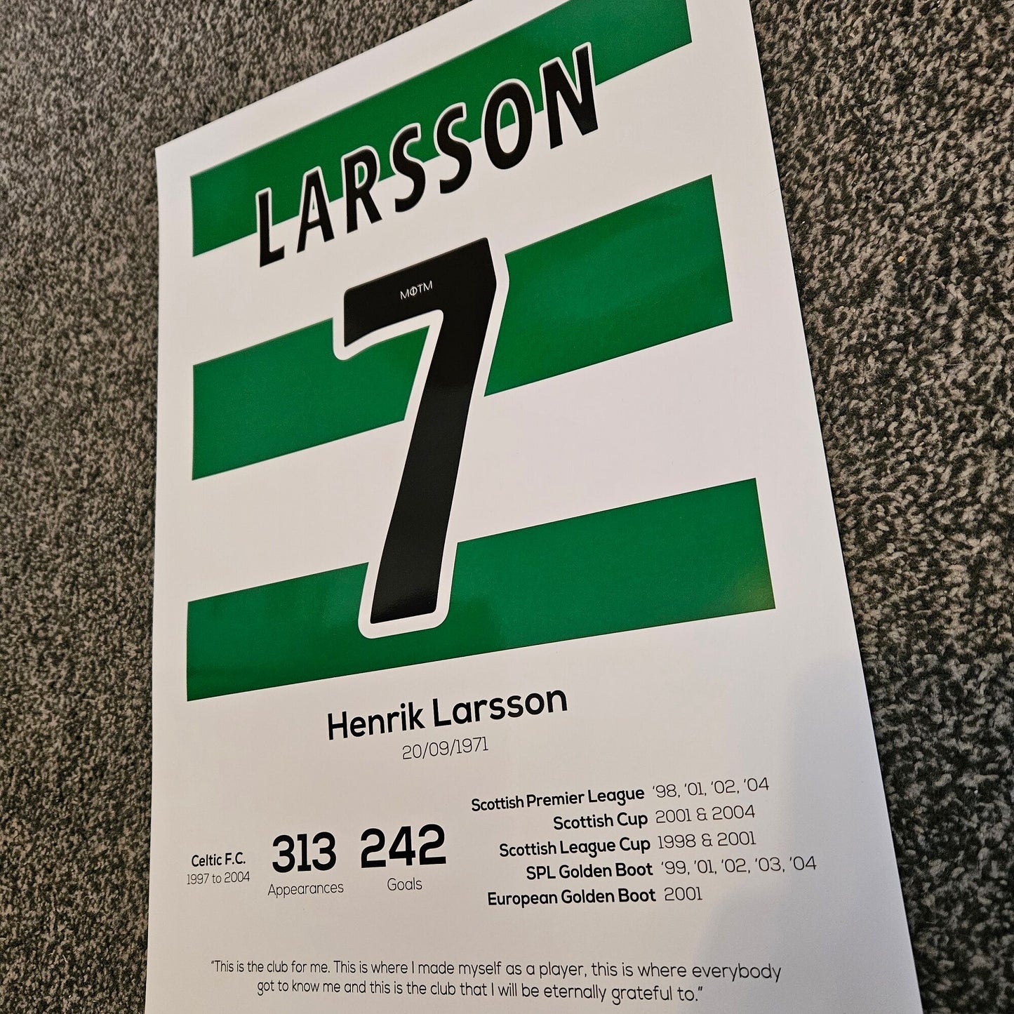 Henrik Larsson Celtic Legend Stats Print - Man of The Match Football