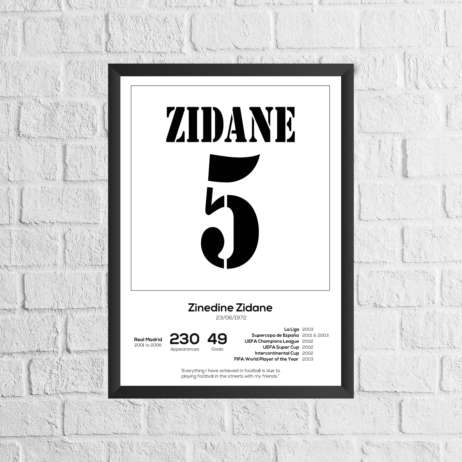Zinedine Zidane Legend Stats Print - Man of The Match Football