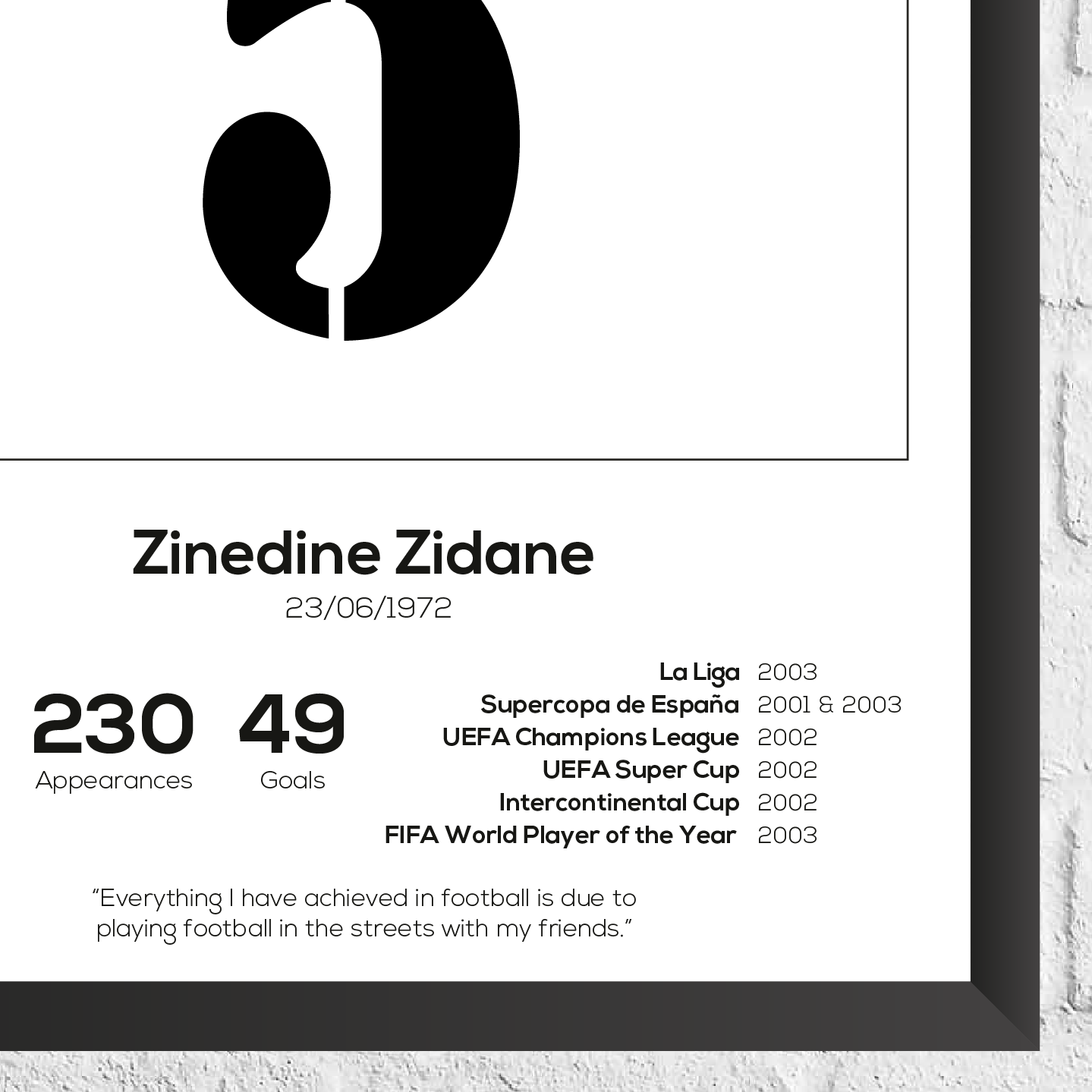 Zinedine Zidane Legend Stats Print - Man of The Match Football