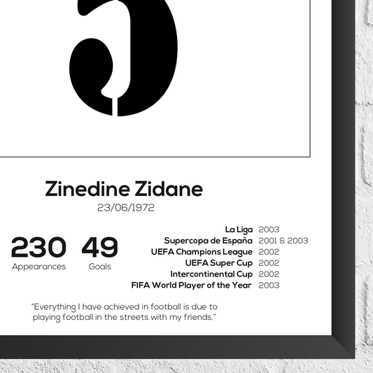 Zinedine Zidane Legend Stats Print - Man of The Match Football