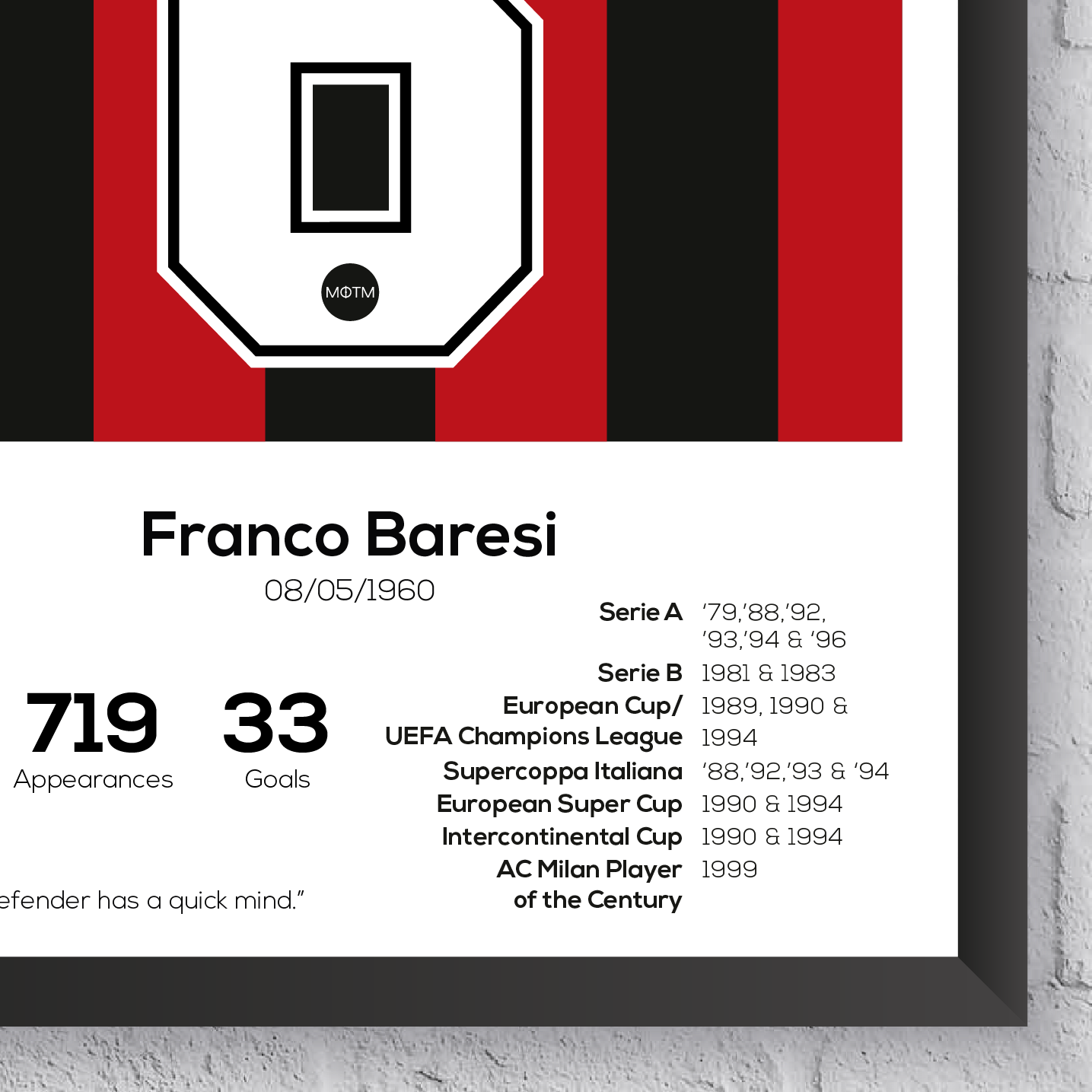 Franco Baresi AC Milan Legend Stats Football Print