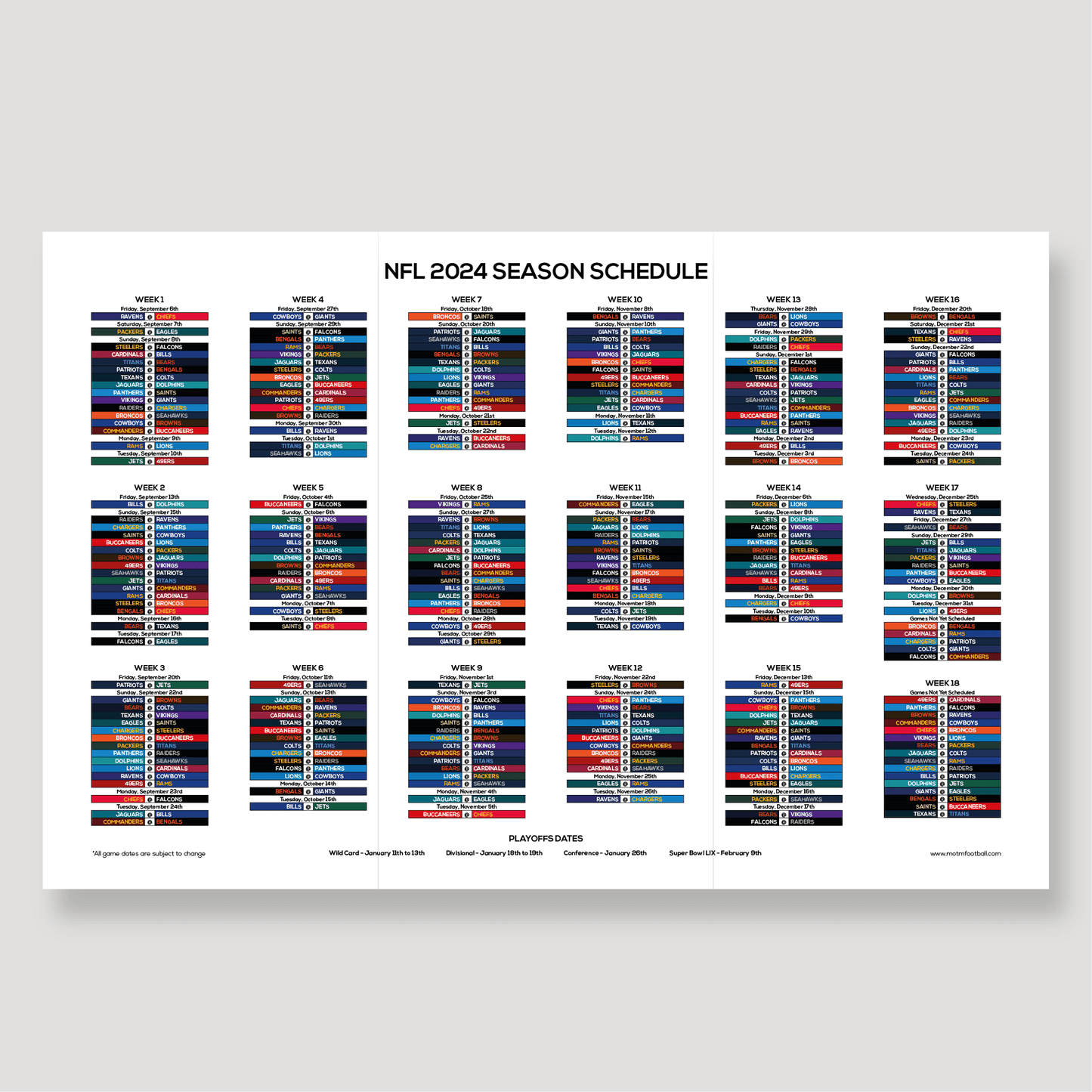 NFL 2024 Football Season Schedule - Digital Download