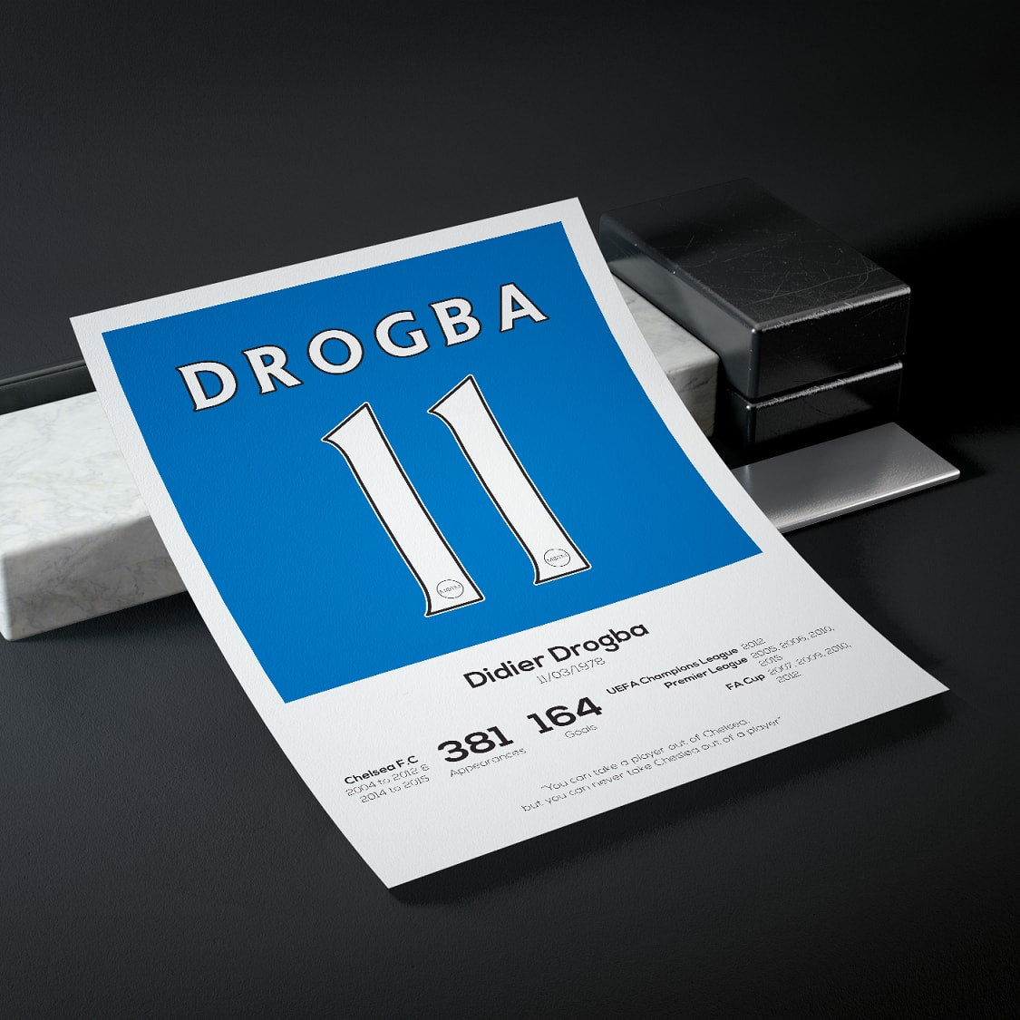 Didier Drogba Chelsea Legend Stats Print - Man of The Match Football