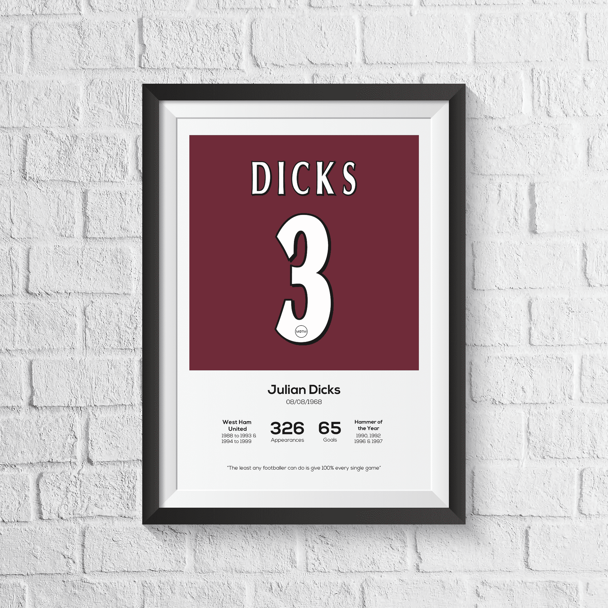 Julian Dicks West Ham United Legend Stats Print - Man of The Match Football