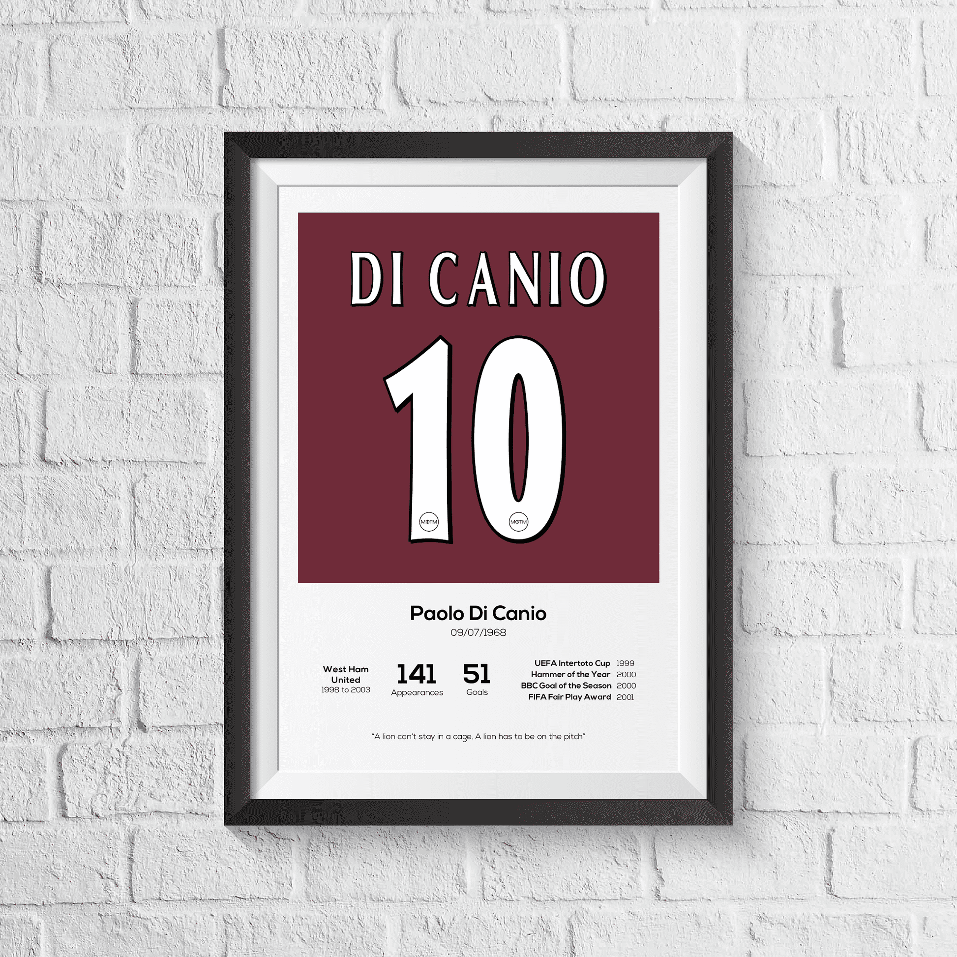 Paolo Di Canio West Ham United Legend Stats Print - Man of The Match Football