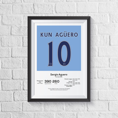 Sergio Aguero Manchester City Legend Stats Print - Man of The Match Football