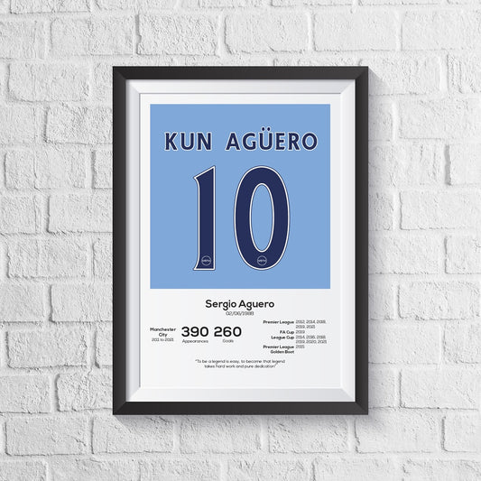 Sergio Aguero Manchester City Legend Stats Print - Man of The Match Football